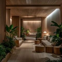 A serene wooden interior space features plants and seating areas