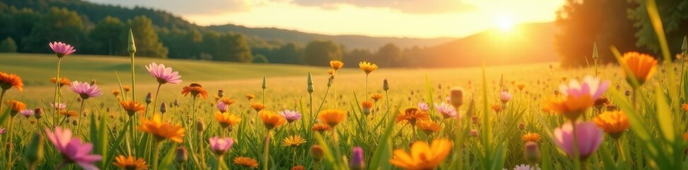 Sunlit field of wildflowers, art palette and brushes in foreground , wildflowers, tranquil, wildflowers field
