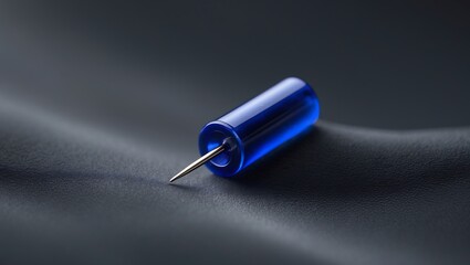 Close-Up of a Blue Push Pin with Needle on Dark Fabric Surface - High-Resolution Office Supply Image