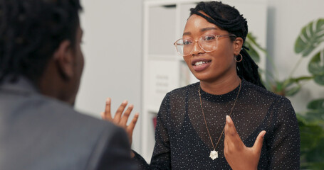 Smiling corporate executive conducts job interview with male candidate for office worker, accepts...