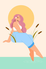 Relaxing girl in a pond