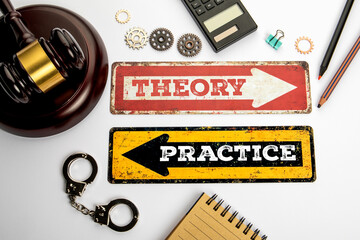  THEORY and PRACTICE. Red and yellow directional arrow with text