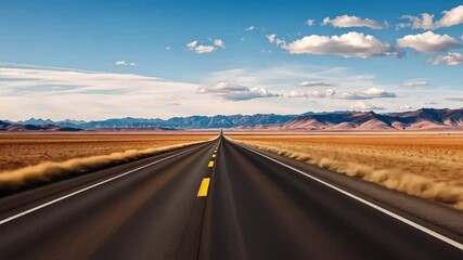 A long empty road stretches across a desert landscape. The sky is clear, cloudy and blue - Powered by Adobe