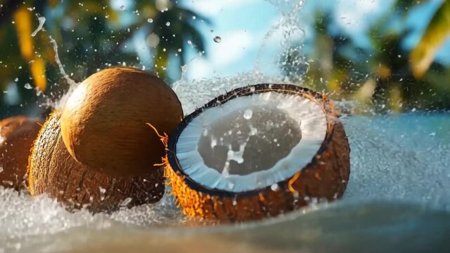Splashing coconuts in clear tropical water with palm trees in background