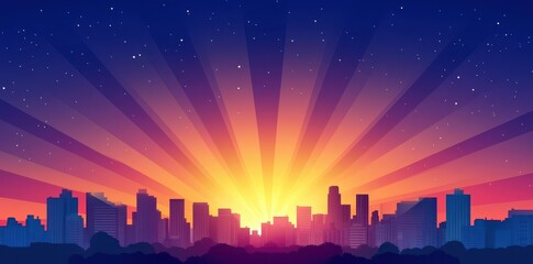 A stylized cityscape with a vibrant radiant sunset and starry night