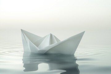 Obraz premium White origami boat floating on calm water with soft reflections and tranquility