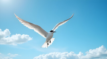 Fototapeta premium White Tern Bird Soaring Bright Blue Sky Wings Spread Wildlife Photo