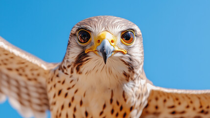 Close-up of Falcon in Flight Against Clear Blue Sky