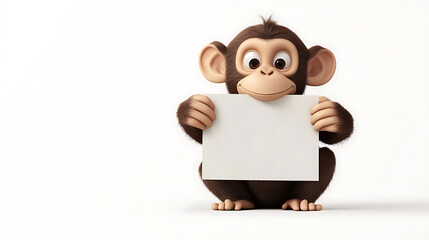 Cartoon monkey holding a blank sign, sitting on a white background, playful expression
