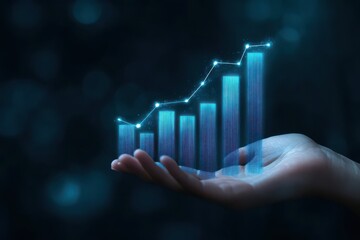A hand holding a bar graph with ascending bars and a curved line symbolizing financial growth and success