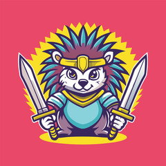 Mighty Hedgehog Warrior: Vector Mascot Character in Action Pose for Carts