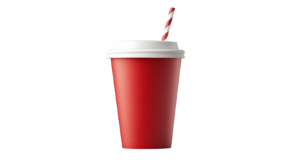Red paper cup with white lid and striped straw isolated on white background