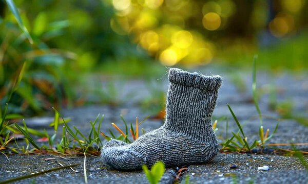 Single gray sock on ground amidst green grass with blurred background