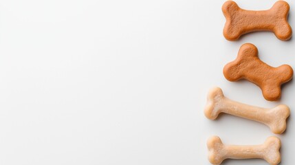 A row of dog bones are on a white background. The bones are of different sizes and colors, and they are arranged in a way that creates a sense of depth and dimension. The image conveys a playful