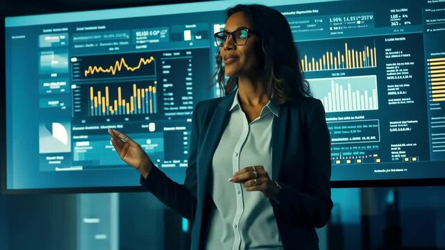 In a contemporary office environment, a skilled professional woman effectively presents data insights by utilizing digital screens, showcasing detailed graphs and analytics within a business context