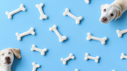 Three dogs are standing in front of a blue background with a lot of bones scattered around. They are all looking at the bones, and the bones are spread out all over the background