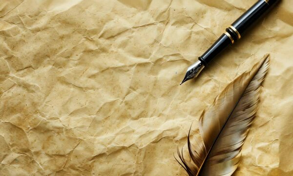 Antique fountain pen and feather quill on aged, crinkled parchment paper