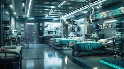 the interior of a modern hospital room equipped with high-tech equipment for condition monitoring, a large luxury room, light blue shades