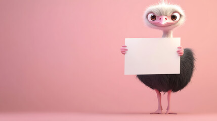 Cute cartoon ostrich holding a blank sign against a soft pink background, playful and whimsical setting