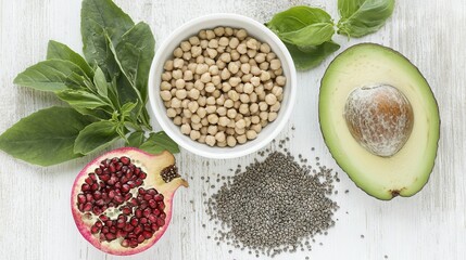   A bowl with beans, avocado, and spinach next to a halved avocado