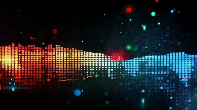 Colorful, abstract image of a sound wave with a red, orange, and blue gradient. Concept of energy and movement, as if the sound wave is in motion