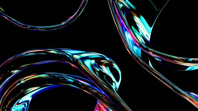 Cinematic colored wavy shapes moving on black background, looped animation