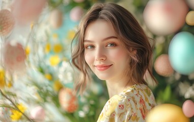 Fototapeta premium Stylish woman with a radiant glow and a bright, welcoming smile, set against a dreamy Easter-themed background