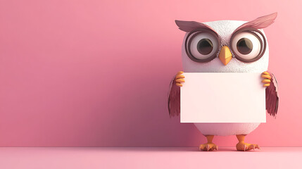 Cute cartoon owl character holding a blank sign in a pastel pink setting, ideal for advertising