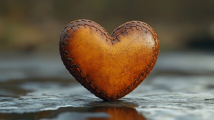 Fototapeta premium Handcrafted leather heart on rock near water.