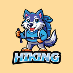 Hiking Wolf Mascot Vector Logo Character Cartoon Illustration