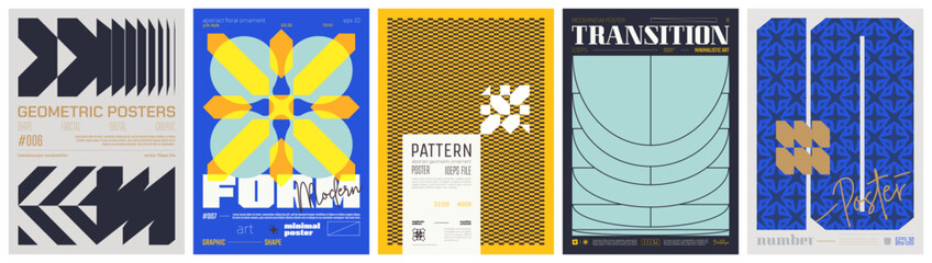 Set modernism art colorful trendy posters, artwork in minimalism and brutalism style, abstract geometric A4 rave postmodern composition, vector simple shapes print graphic in Y2K aesthetics, set 20 © max_776
