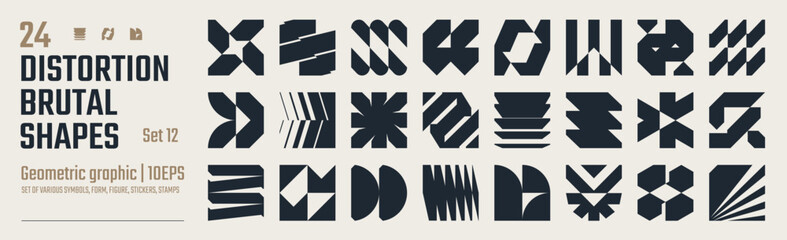 Postmodern abstract geometric graphic elements, Refraction and distortion glass effect various form, Brutalist vector shapes, trendy retro design symbols in Y2K aesthetics, vintage stickers, set 12