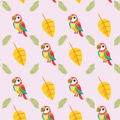 Colorful Parrots and Tropical Leaves Seamless Pattern on Light Background