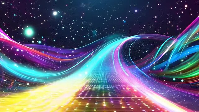 Colorful, swirling galaxy with a rainbow bridge in the middle. The colors are vibrant and the bridge is long and winding