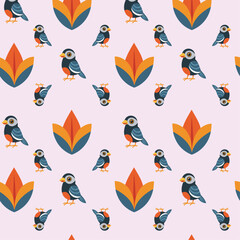 Colorful Repeating Pattern of Birds and Geometric Floral Shapes