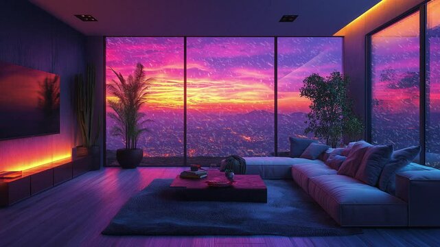 Dreamy Lo-Fi animated virtual backgrounds, cozy lo-fi living room window snowfall effect with city view sunset, Starry Night with Cosy Purple Hues Tranquil City , anime digital art, illustration