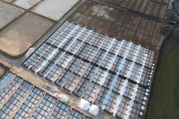 SALINAS DE JANUBIO salt flats on Lanzarote island, historic salt production site along volcanic coastline of Canary Islands