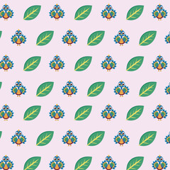 Cute Cartoon Birds and Green Leaves Pattern on Light Pink Background