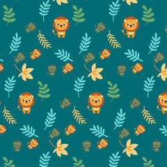 Fototapeta premium Cute Cartoon Lions and Tropical Leaves Pattern on Teal Background
