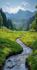 Fototapeta premium Serene stream flows through lush green meadow, nestled in valley with majestic mountains under a bright blue sky. Tranquil nature scene