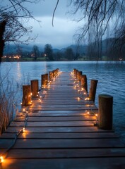 Obraz premium Wooden pier with fairy lights extends over calm lake at twilight, creating a serene and magical atmosphere. Dark water reflects the soft light. 