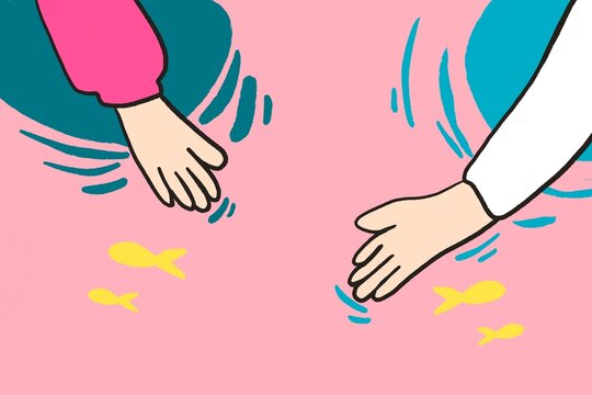 Creative illustration of hands interacting with fish on pink