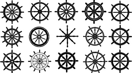 Set of ship steering wheel silhouette
