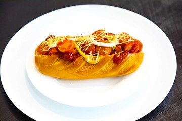 Traditional Brazilian hot dog prepared with sliced ​​sausage in sauce, straw potatoes, peas