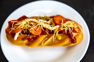 Traditional Brazilian hot dog prepared with sliced ​​sausage in sauce, straw potatoes, peas