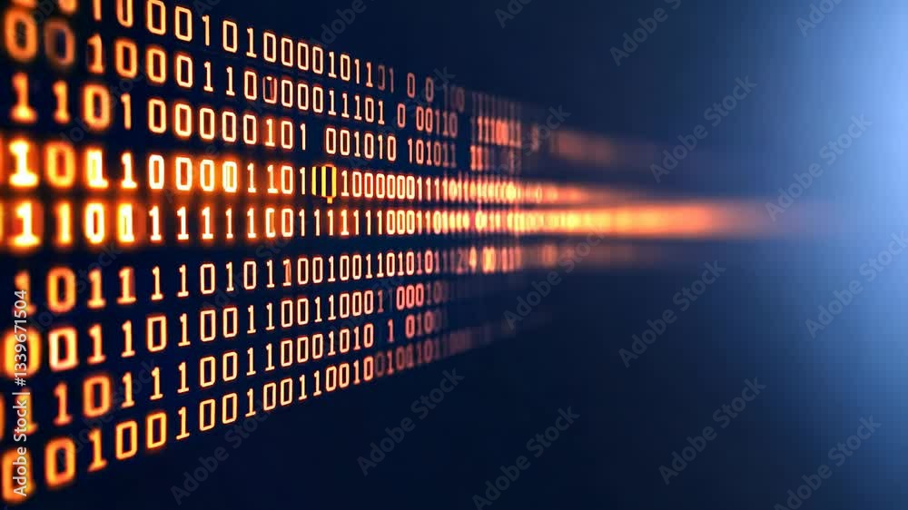 Aufkleber Computer screen with a series of binary numbers. The numbers are in a row and are orange
