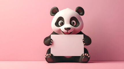 Fototapeta premium Cartoon panda character holding a blank sign against a pink background, playful and inviting