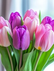 Spring Tulip Bouquet - Close-up of a bouquet of pink and purple tulips, showcasing their vibrant colors and delicate petals