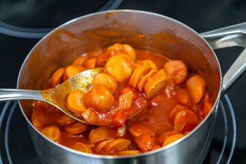 Traditional Brazilian hot dog prepared with sliced ​​sausage in sauce, straw potatoes, peas