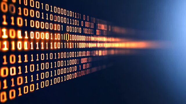 Computer screen with a series of binary numbers. The numbers are in a row and are orange